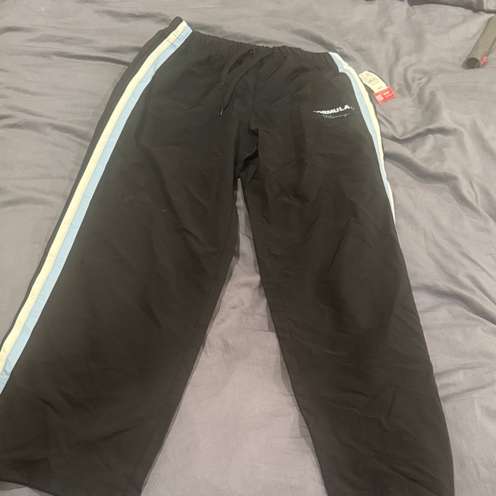 Formula 1 (F1) PacSun Black Joggers with Light Blue and White Stripes